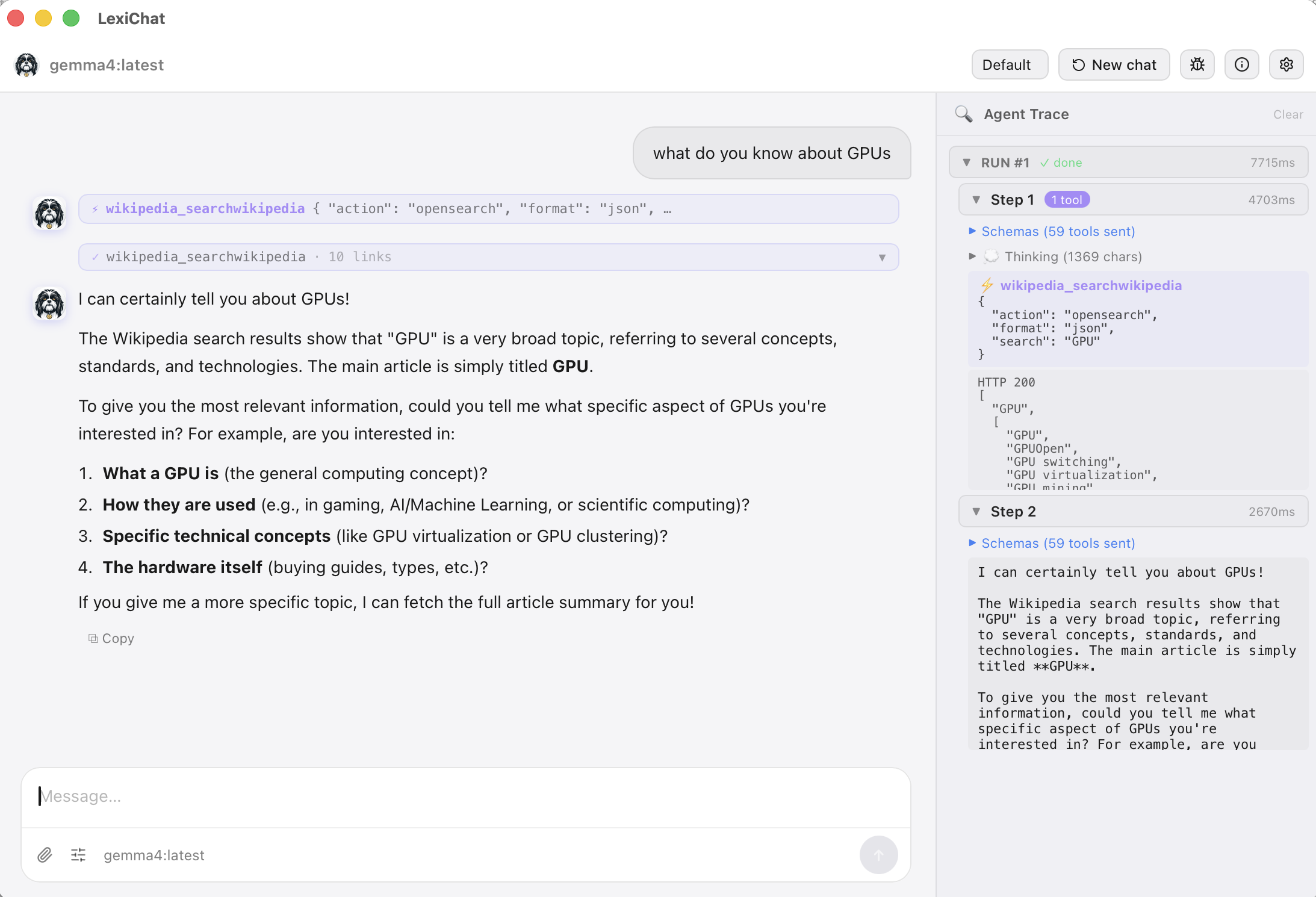 LexiChat tools panel